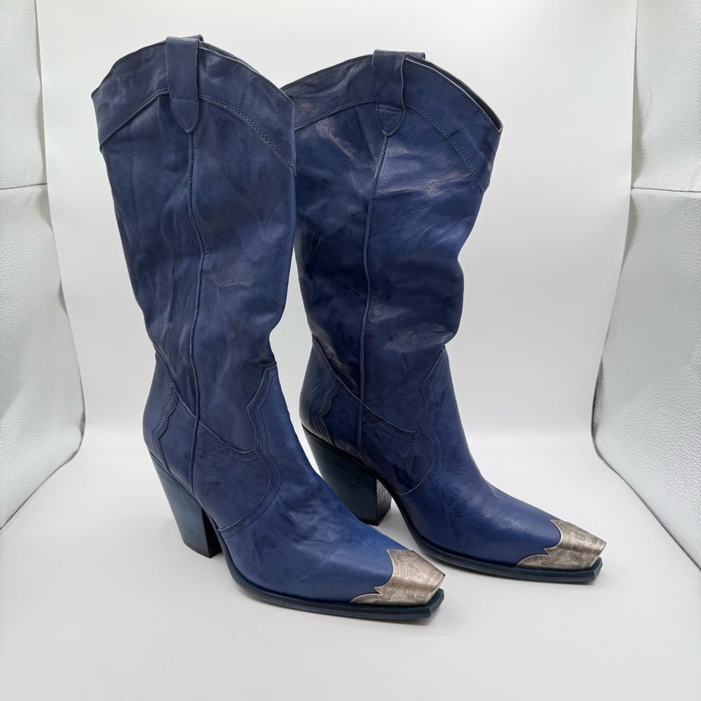 Free People Navy Blue Western Leather Cowboy Boots with Silver Toe Caps